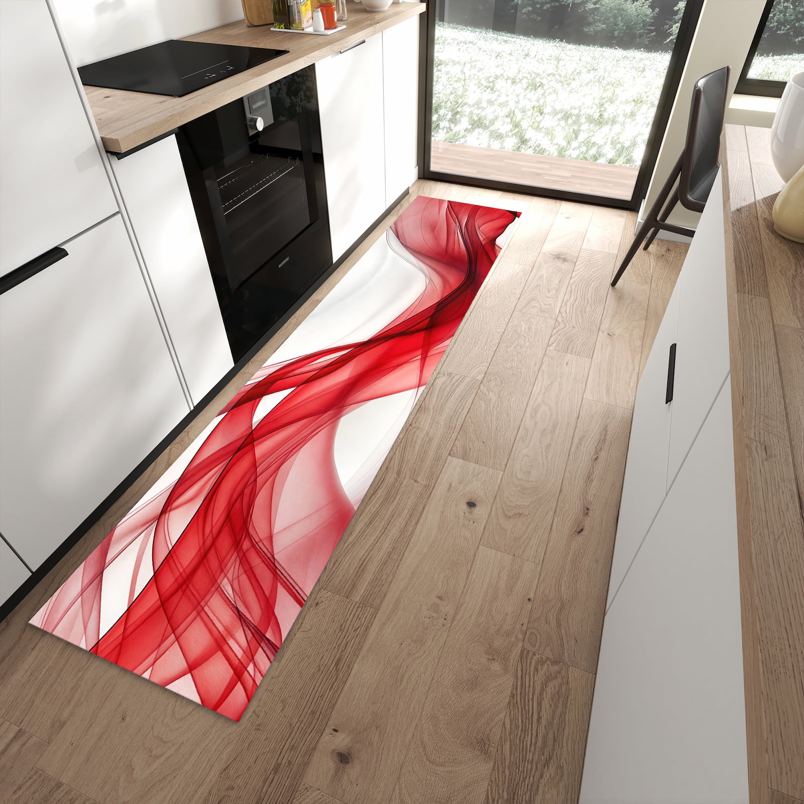 Langlebiger Küchenläufer mit Motiv Farbige Wellen in moderner Küche