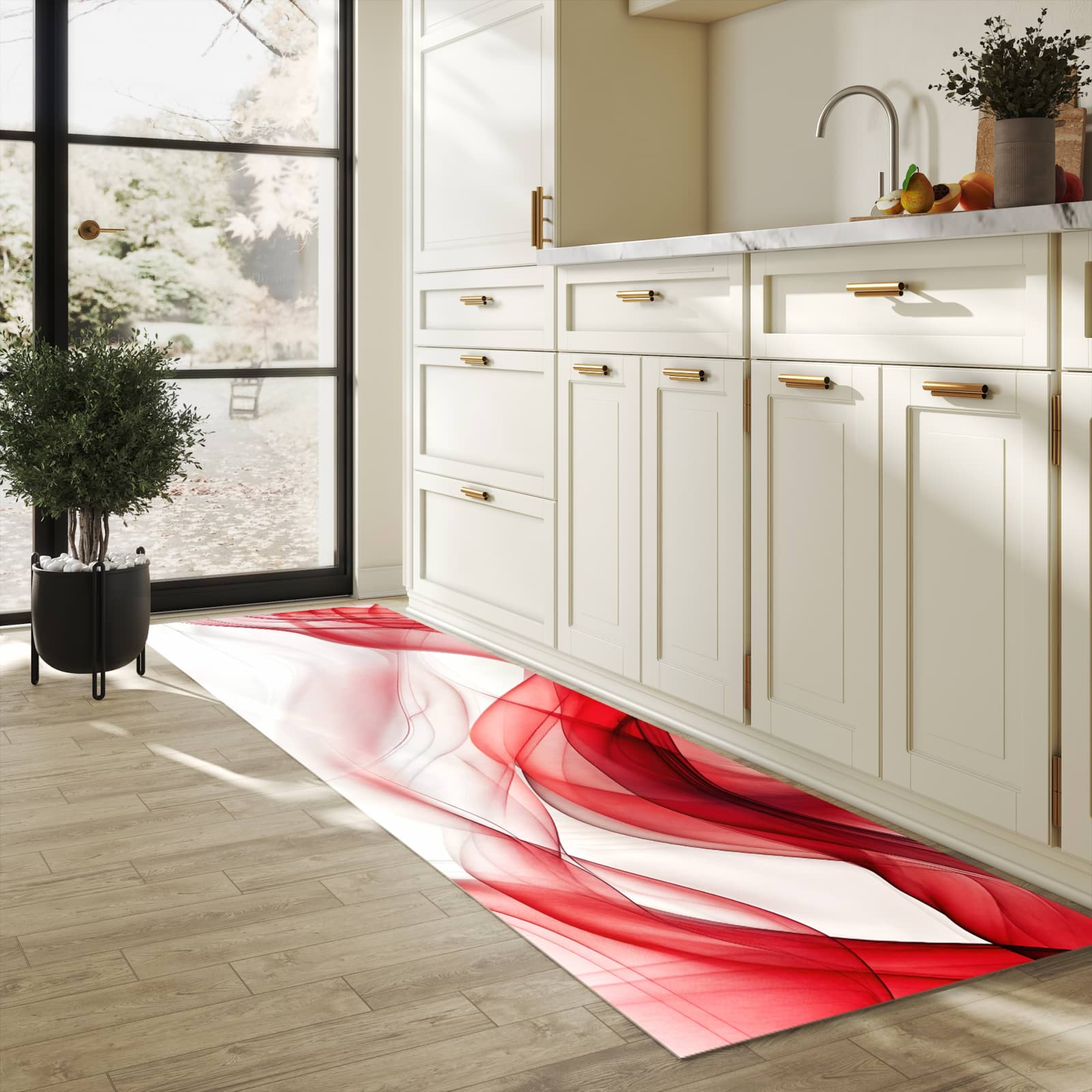 Pflegeleichter rutschfester Küchenteppich mit Motiv Farbige Wellen in heller Küche