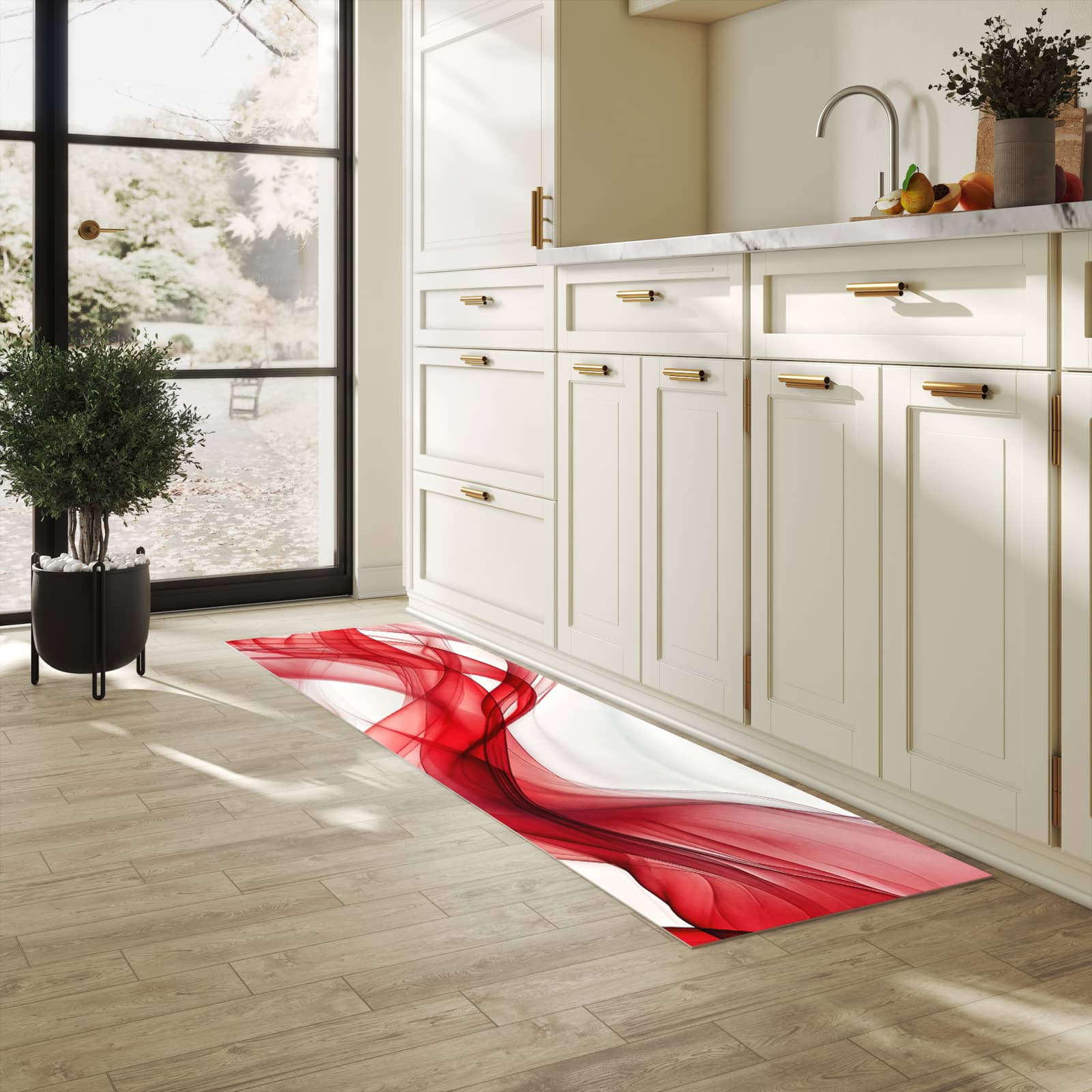 Schmutzabweisender Läufer mit Motiv Farbige Wellen für Eingangsbereich in heller Küche
