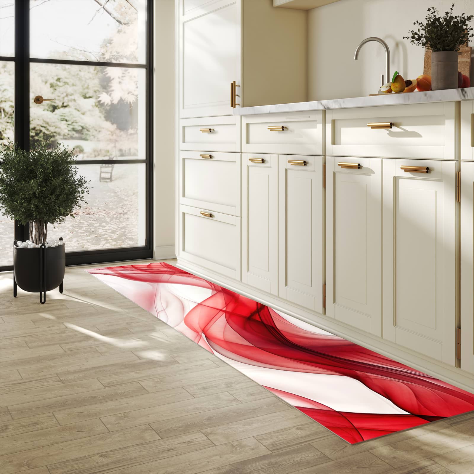 Langlebiger dünner Küchenteppich mit Motiv Farbige Wellen in heller Küche