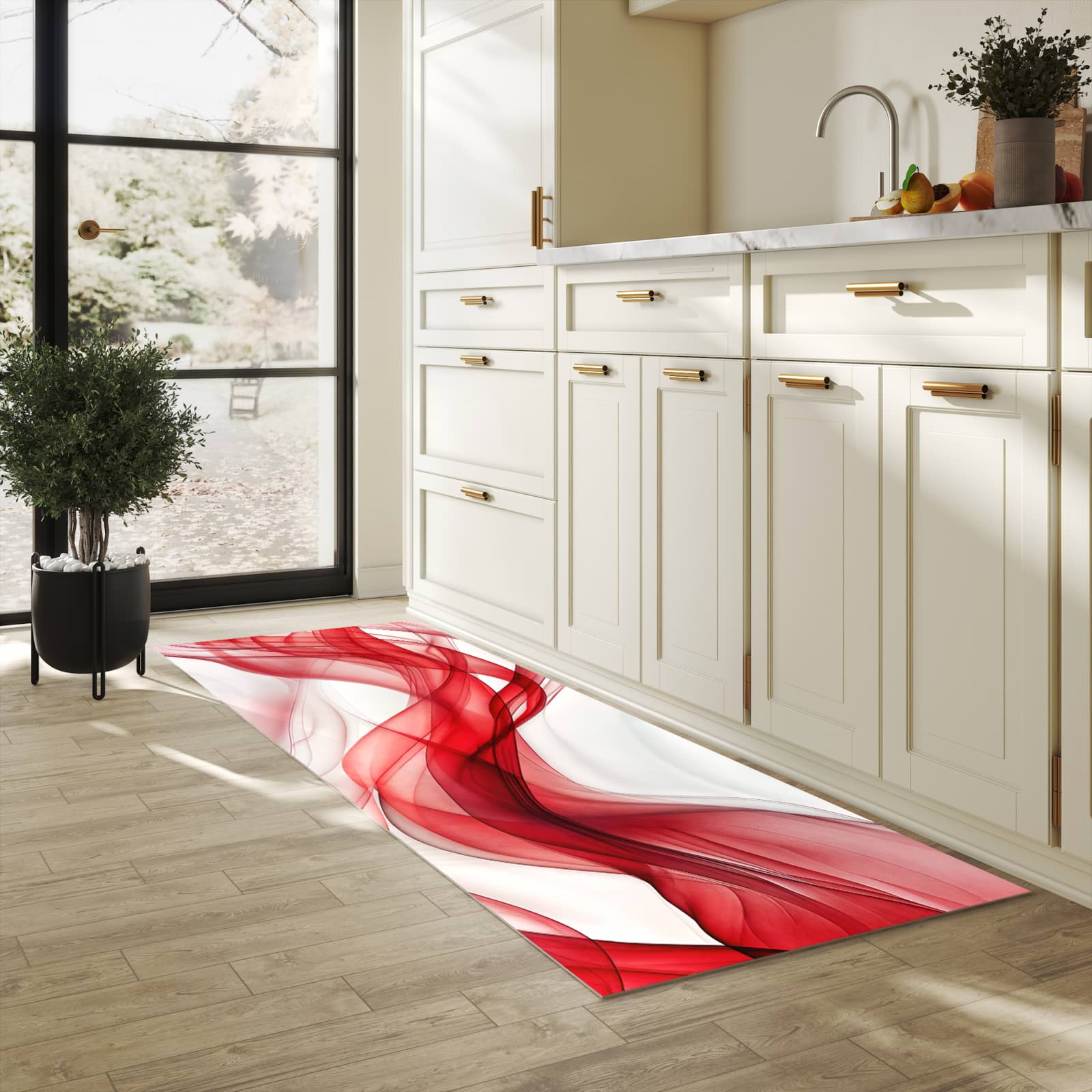 Komfortabler Teppich fürs Esszimmer mit Motiv Farbige Wellen in heller Küche, waschbar