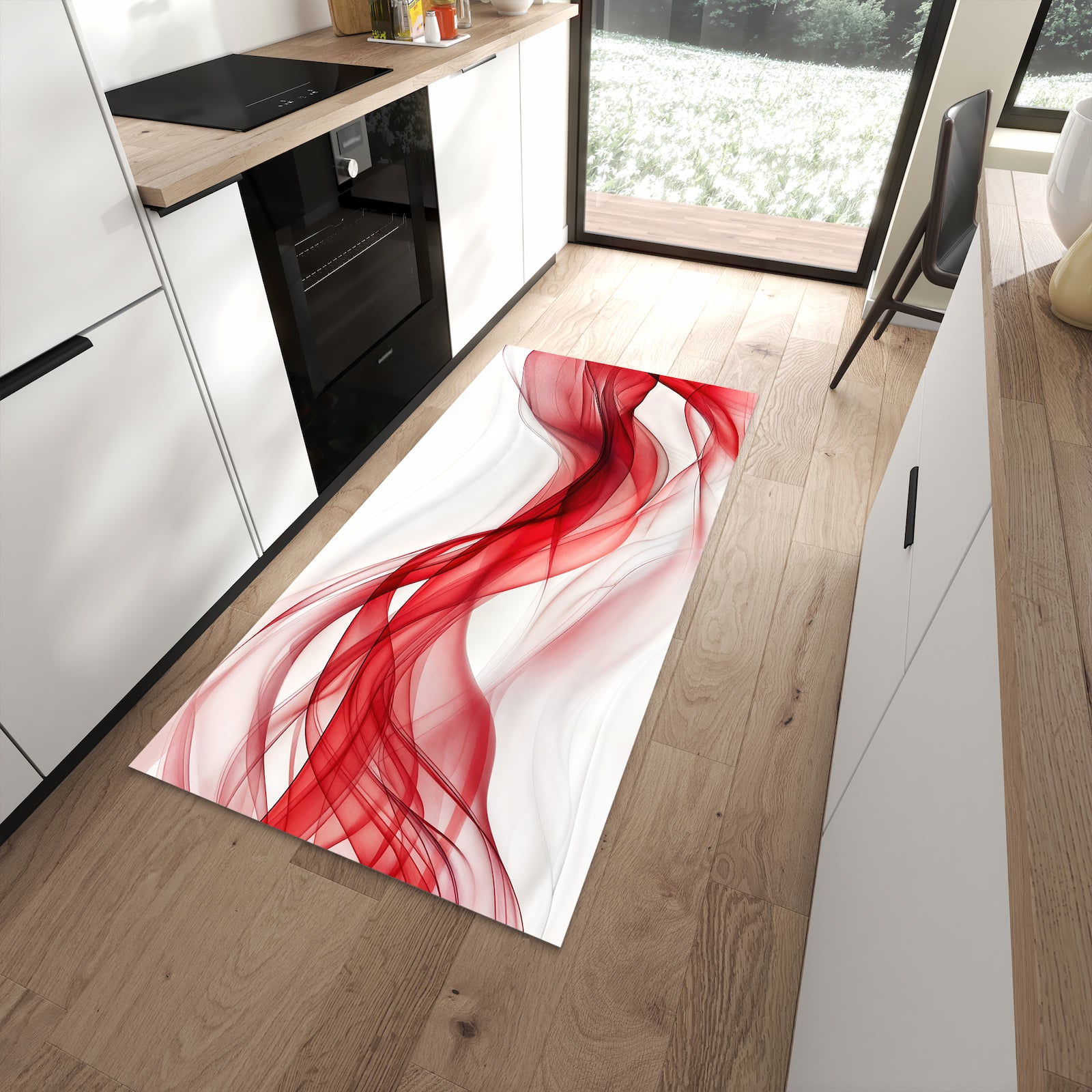 Formstabiler waschbarer Läufer für die Küche mit Motiv Farbige Wellen in moderner Küche
