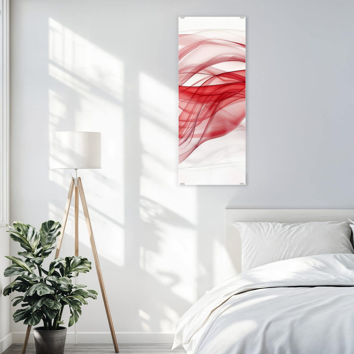Glasbild Rote Bänder auf Weiß an der Wand – Durchscheinende rote Bänder, die sich wellenförmig über weißen Grund legen.