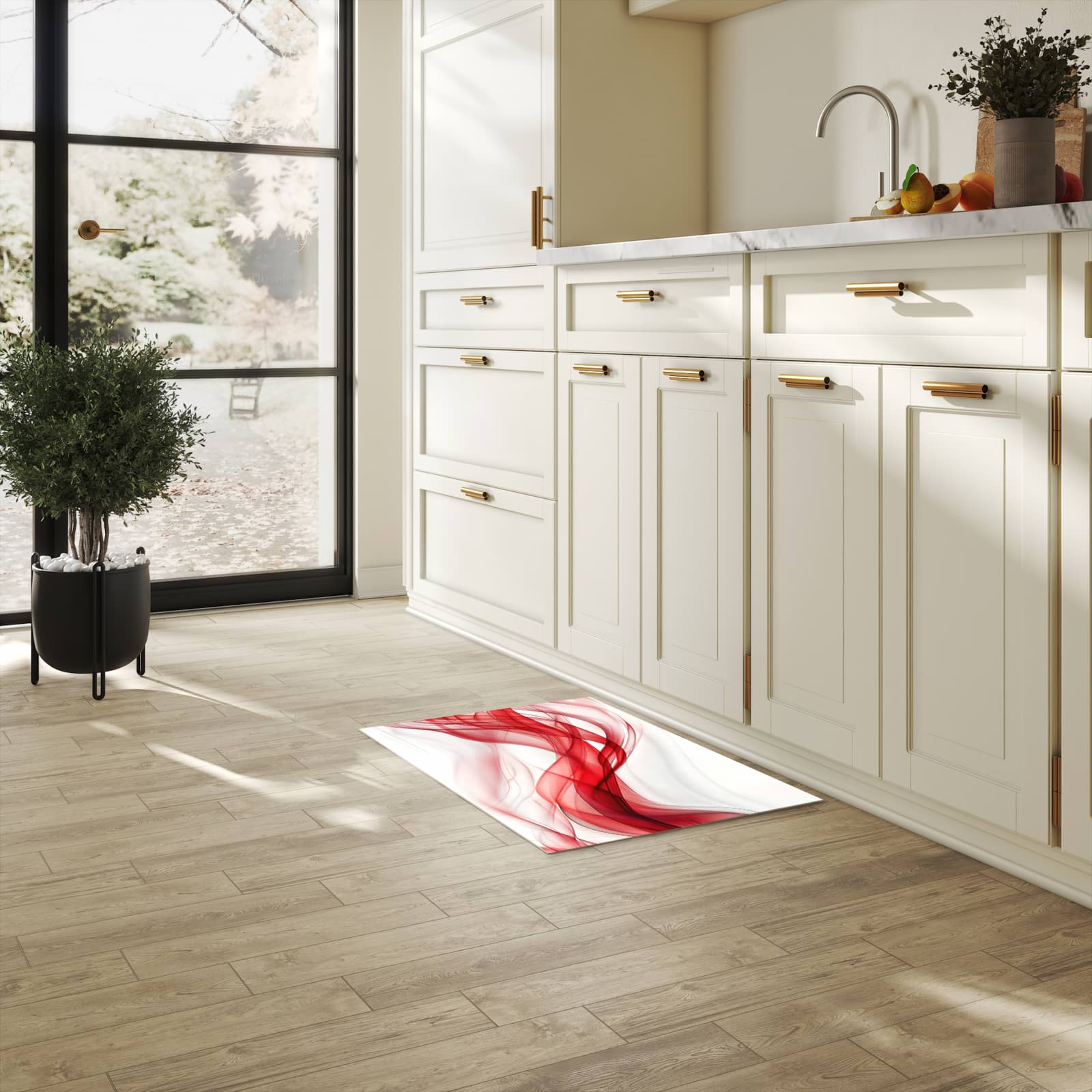 Flacher rutschfester Küchenteppich mit Motiv Farbige Wellen in heller Küche