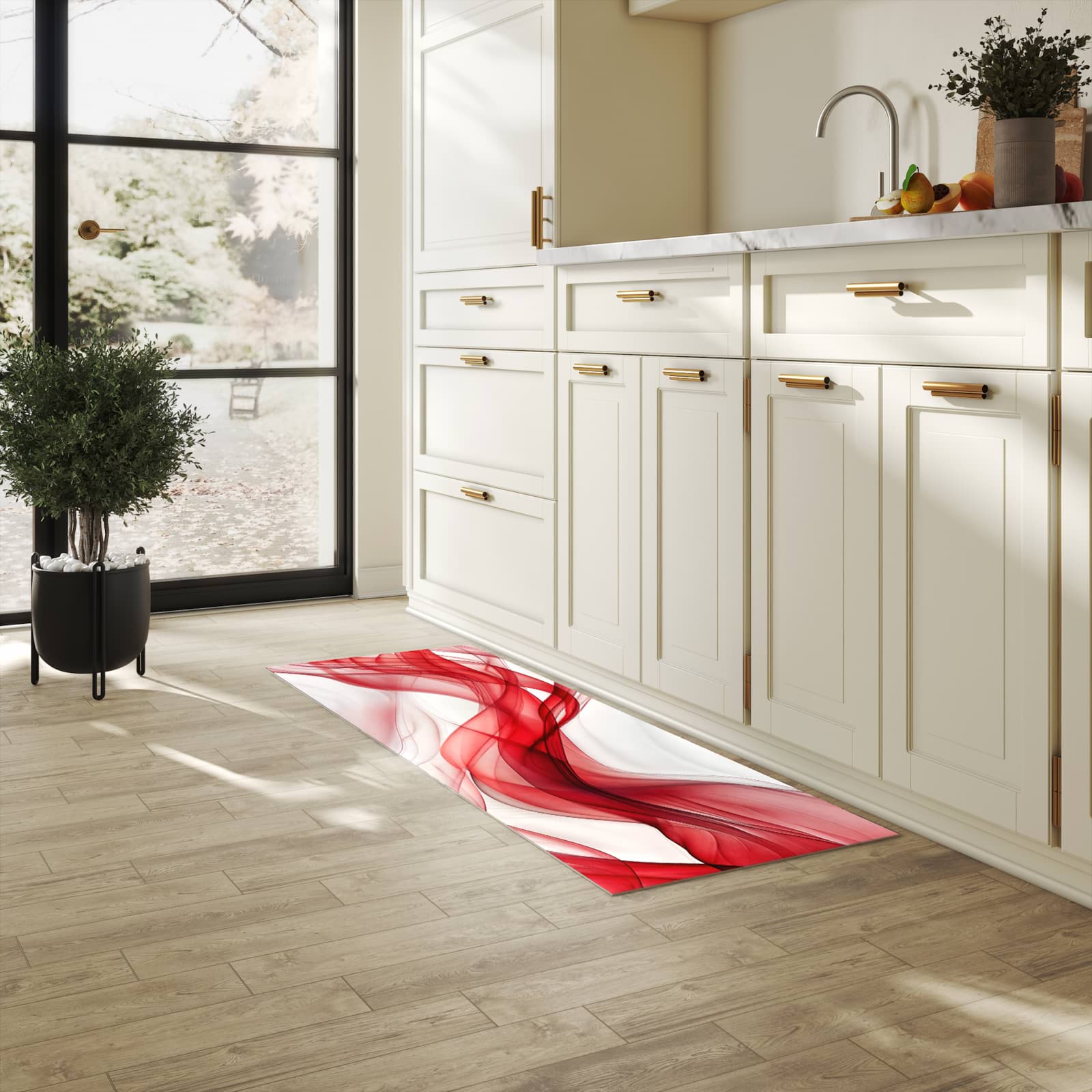 Fleckenresistenter langer Teppich mit Motiv Farbige Wellen in heller Küche