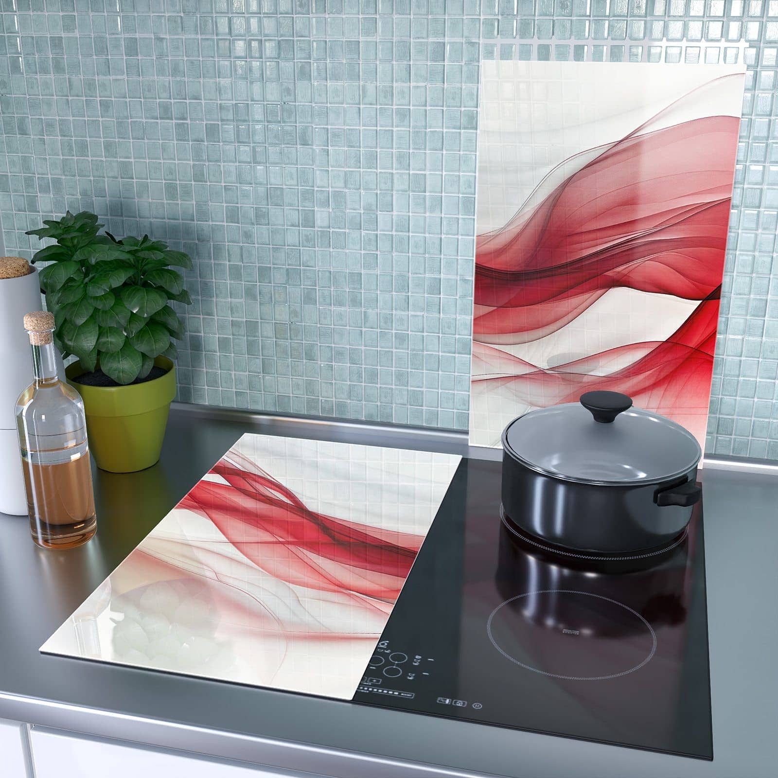 2-teilige Abdeckplatten Ceranfeld mit Farbige Wellen-Motiv als Spritzschutz hinter dem Kochfeld