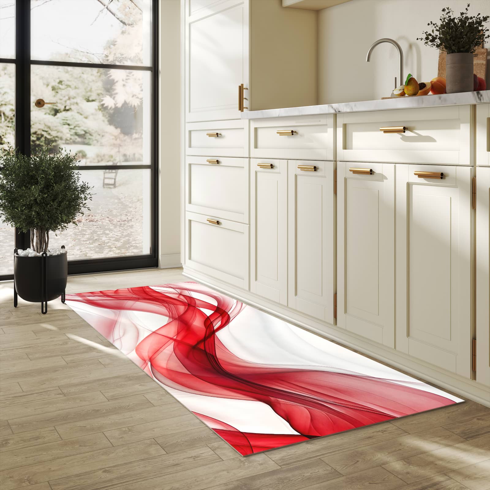 Hygienischer Bodenläufer Teppich mit Motiv Farbige Wellen in heller Küche