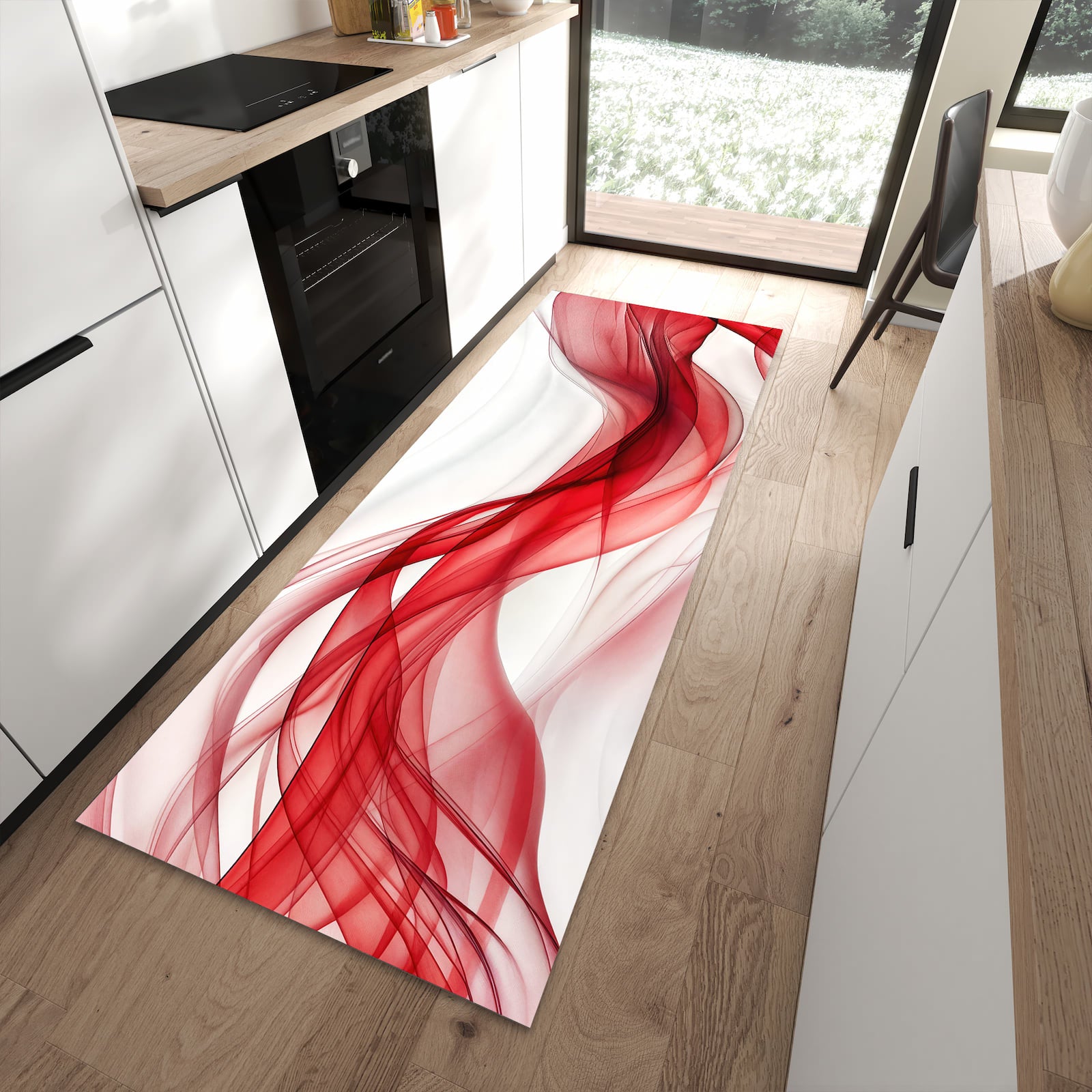 Waschbarer Küchenläufer mit Motiv Farbige Wellen in moderner Küche für sichere Aufbewahrung