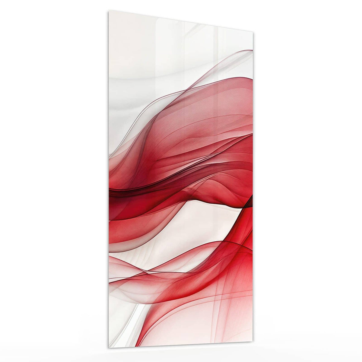 Glasbild Rote Bänder auf Weiß von der Seite, 4 mm Echtglas