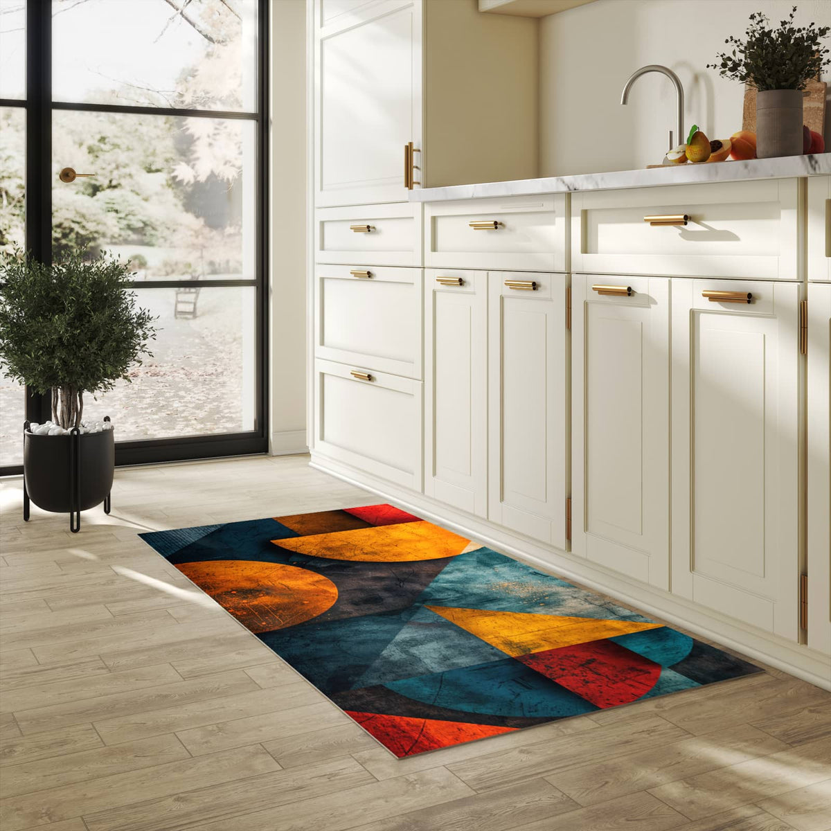 Langlebiger Küchenläufer mit Motiv Geometrische Kunst in heller Küche