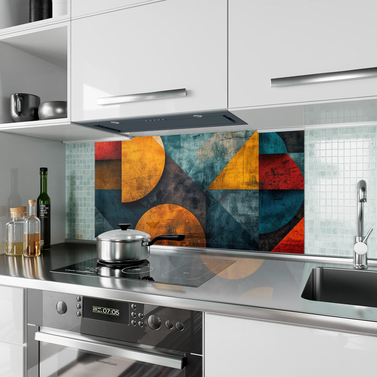Küchenrückwand aus Glas Kreise und Dreiecke im Hochformat als Spritzschutz hinter dem Kochfeld, über dem Fliesenspiegel montiert