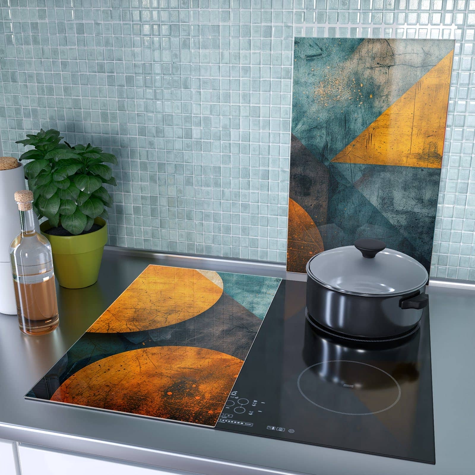 2-teilige Abdeckplatte für Induktionsherd mit Geometrische Kunst-Motiv als Spritzschutz hinter dem Kochfeld