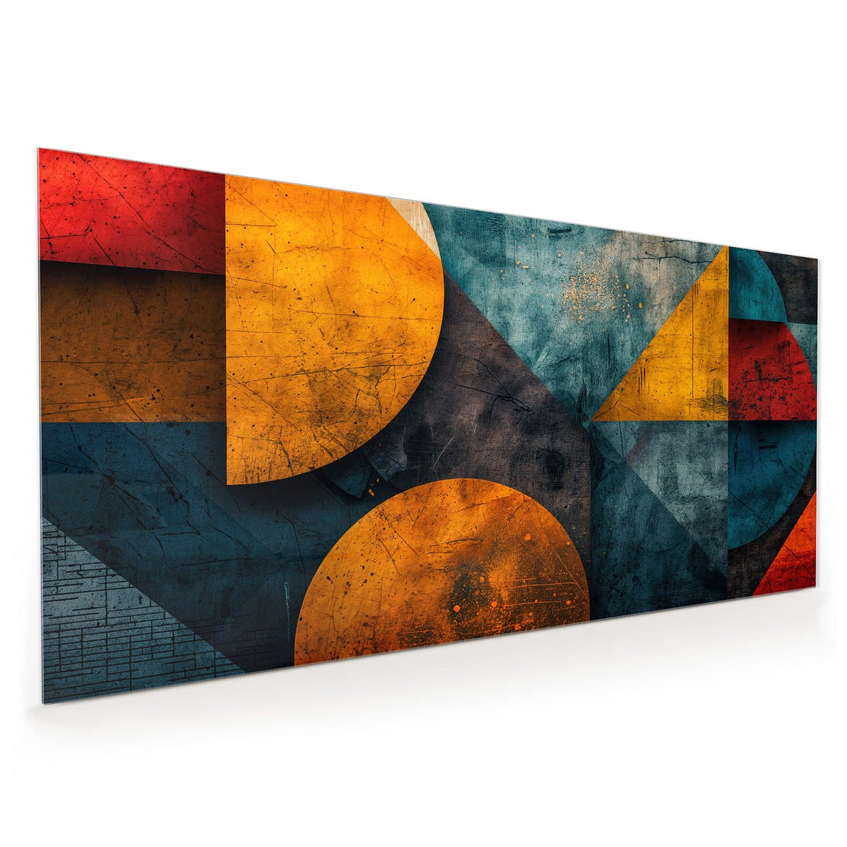 Küchenrückwand aus Glas im Hochformat: Zwei ockerfarbene Kreise und blaugraue Dreiecke auf zerkratztem Untergrund