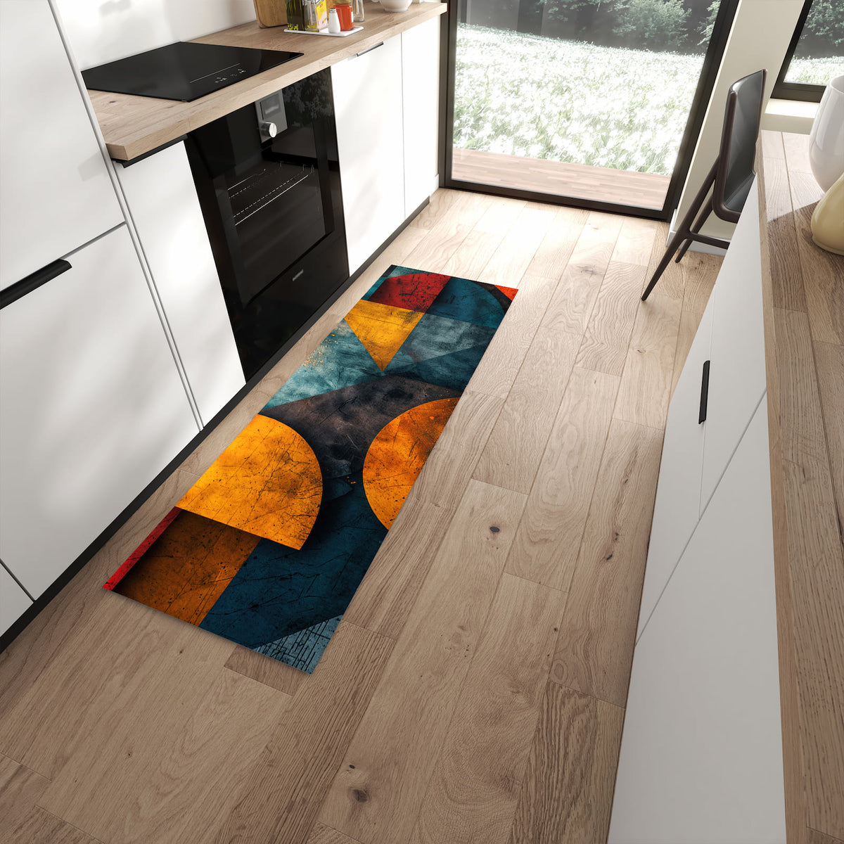 Rutschfester Küchenteppich mit Motiv Geometrische Kunst in moderner Küche