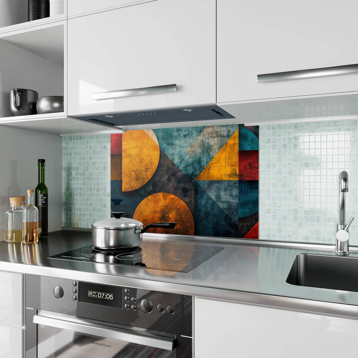 Küchenrückwand aus Glas Kreise und Dreiecke im Hochformat als Spritzschutz hinter dem Kochfeld, über dem Fliesenspiegel montiert