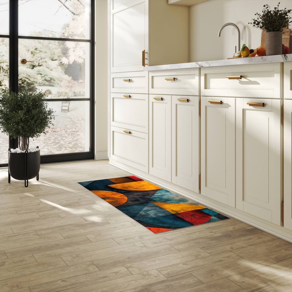 Rutschfester Küchenteppich mit Motiv Geometrische Kunst in heller Küche für sicheren Stand