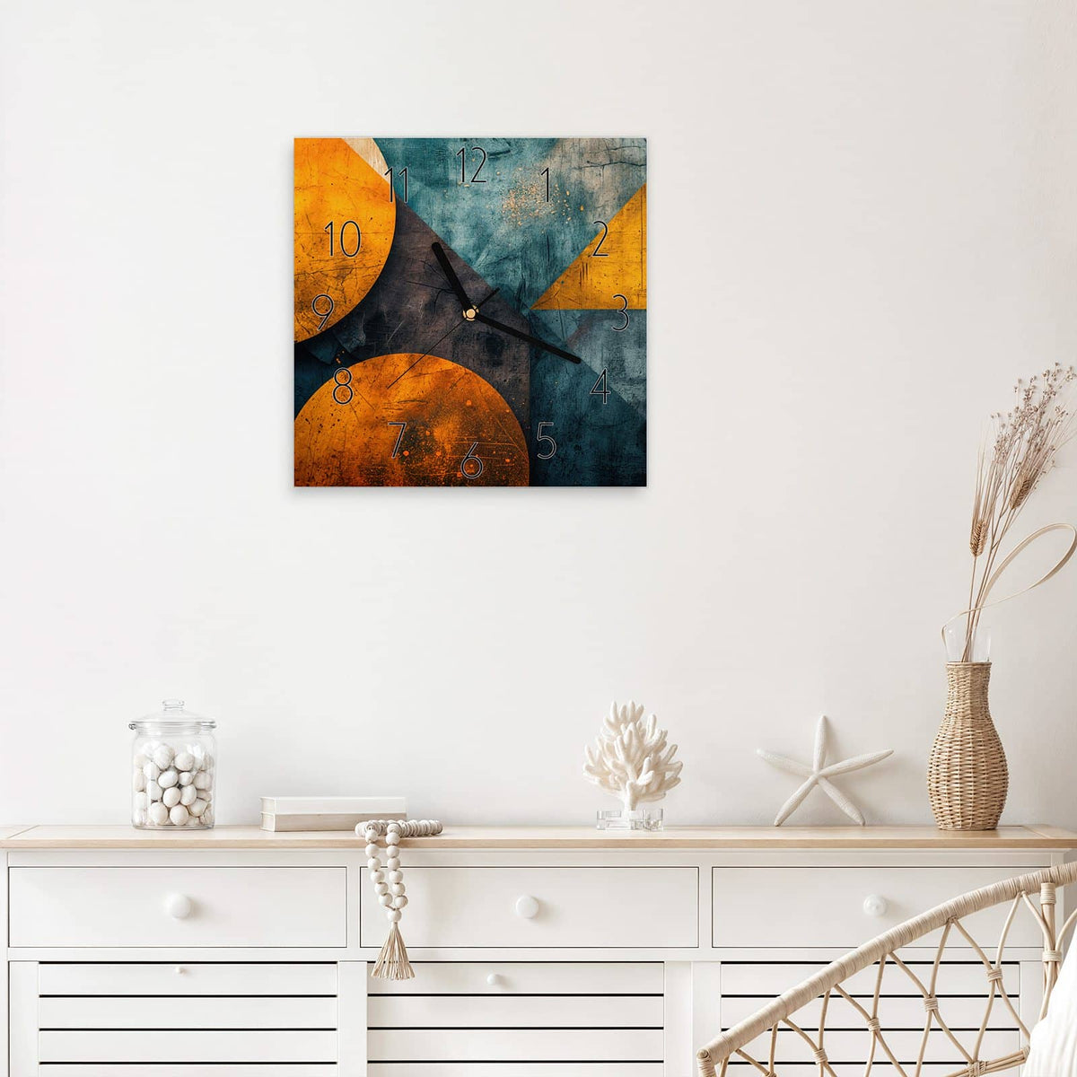 Wanduhr Kreise und Dreiecke aus Glas – Quadratisch 30 × 30 cm – Ockerkreise und blaugraue Dreiecke