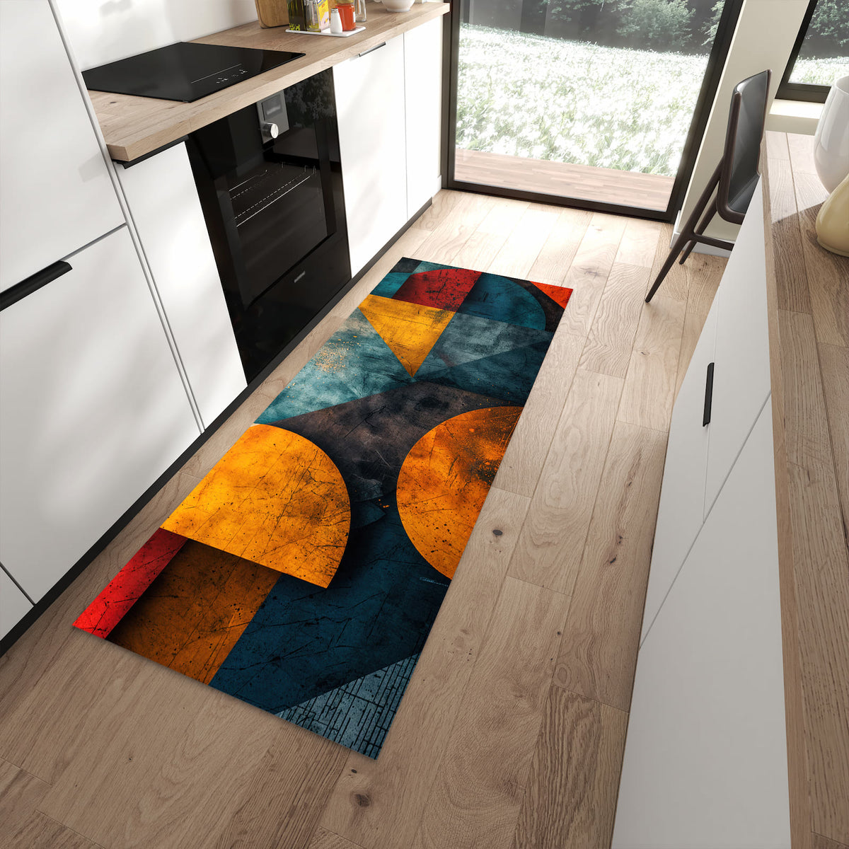 Waschbarer Küchenläufer mit Motiv Geometrische Kunst in moderner Küche