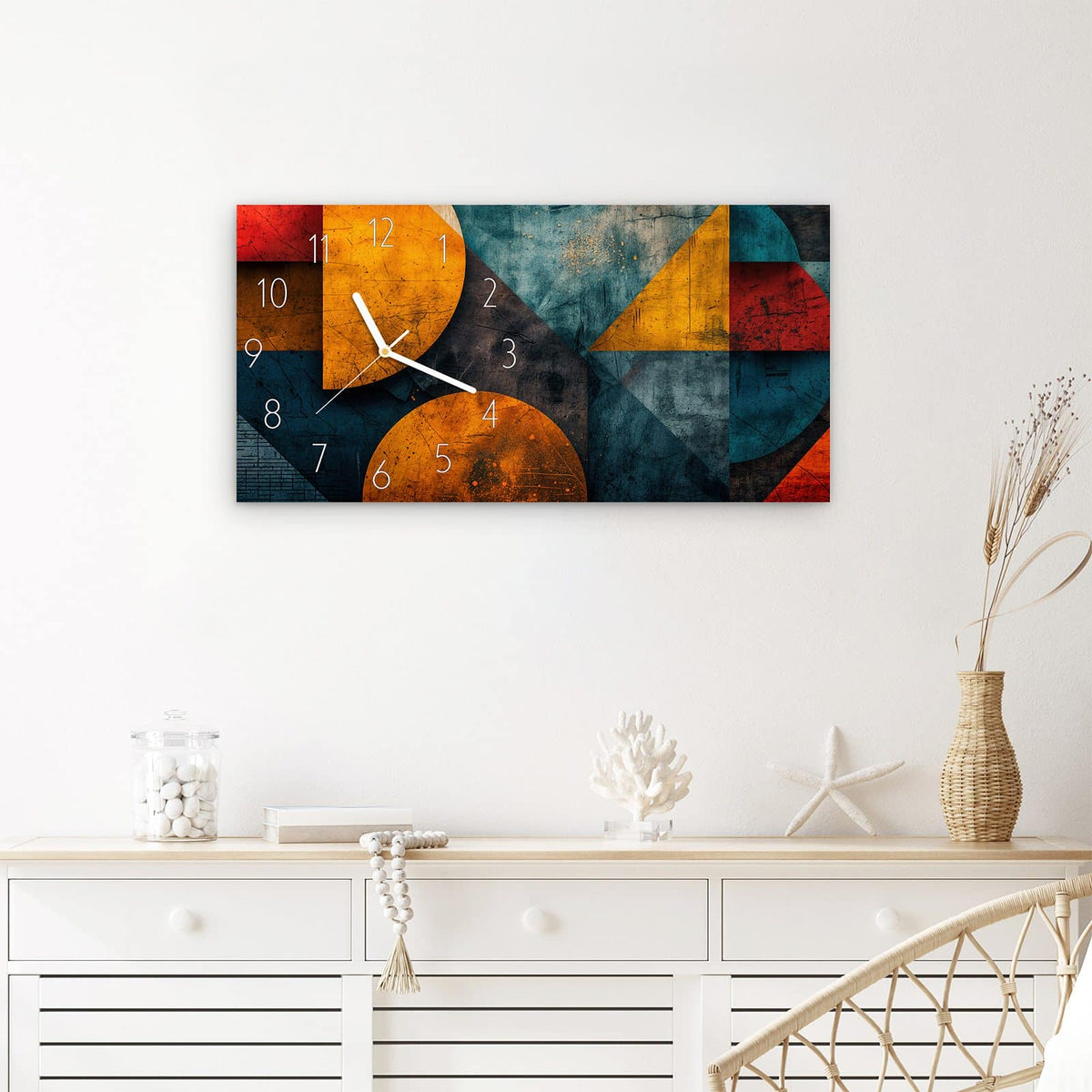 Wanduhr Geometrische Kunst aus Glas – Querformat 60 × 30 cm – Kreise und Dreiecke in Primärfarben