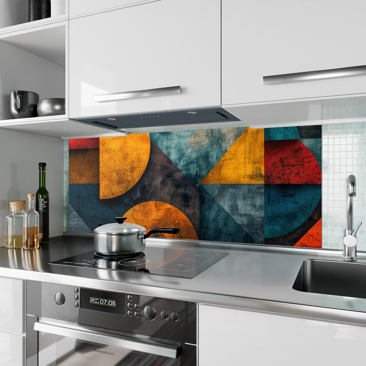 Küchenrückwand aus Glas Kreise und Dreiecke im Hochformat als Spritzschutz hinter dem Kochfeld, über dem Fliesenspiegel montiert