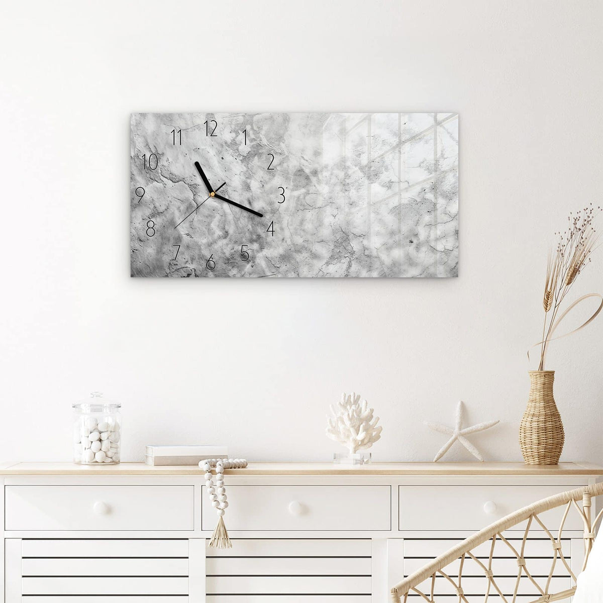 Wanduhr Marmor Struktur aus Glas – Querformat 60 × 30 cm – Feine Adern in grauem Marmor