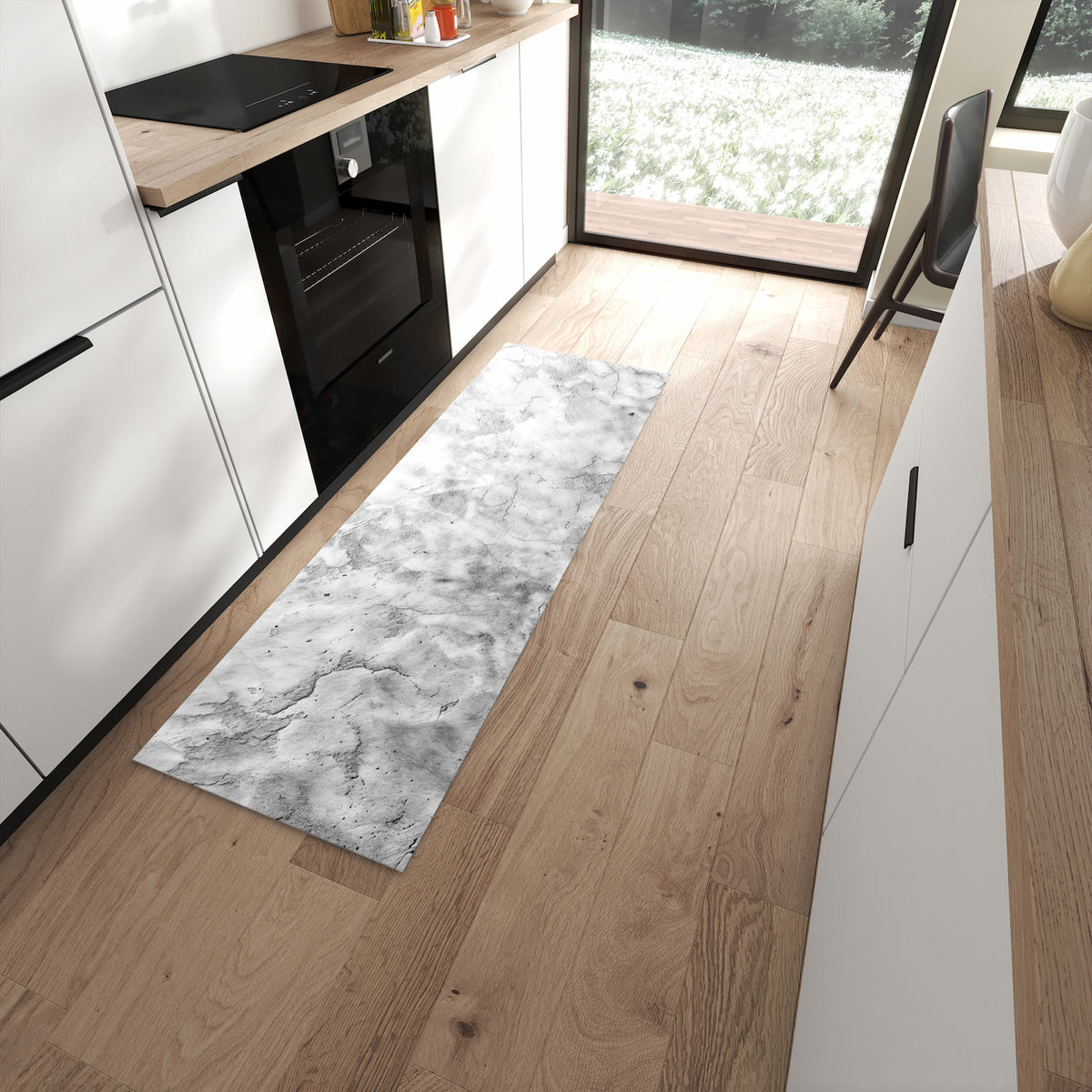 Zeitsparender rutschfester Küchenläufer mit Motiv Marmor Struktur in moderner Küche
