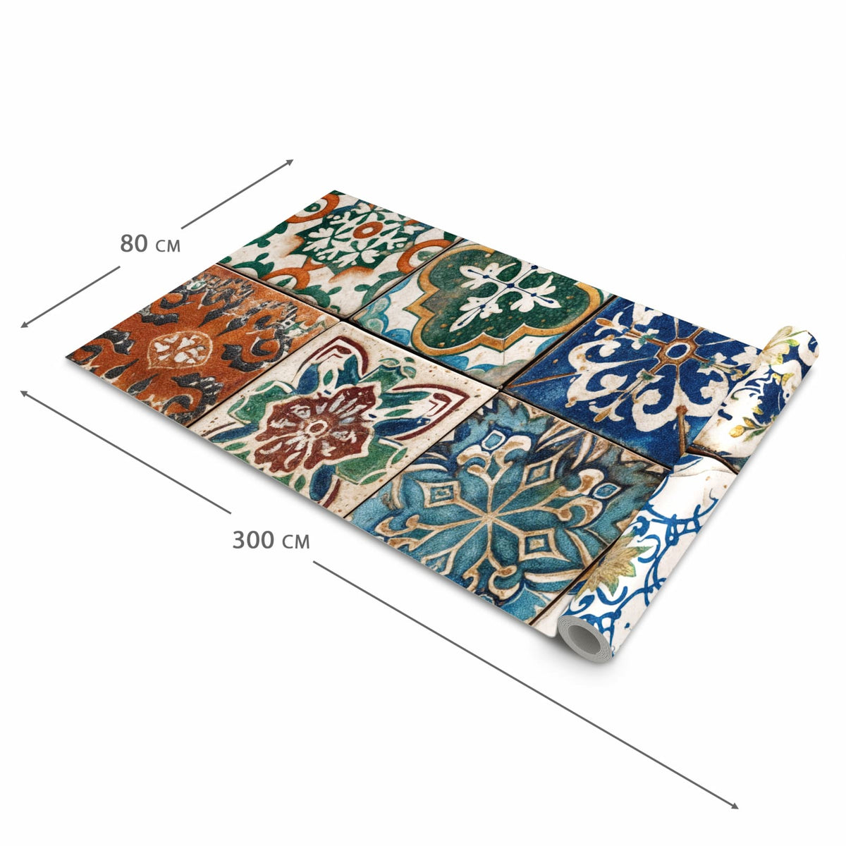 Hygienischer rutschfester Teppich mit Motiv Bunte Fliesenkacheln in der Grösse 60x90 cm