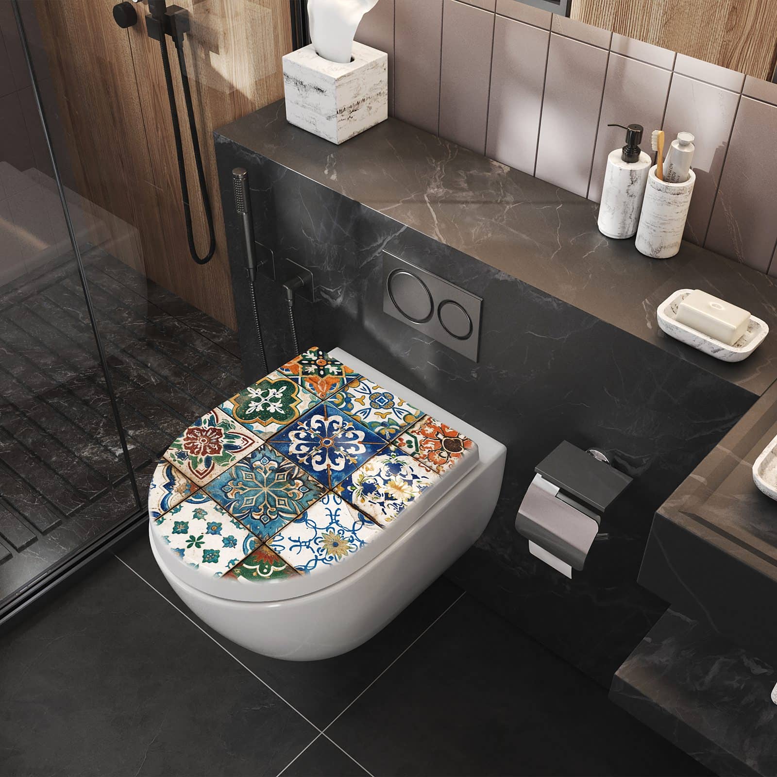 Rutschfeste Toilettenbrille mit Motiv Bunte Fliesenkacheln im Badezimmer seitliche Perspektive