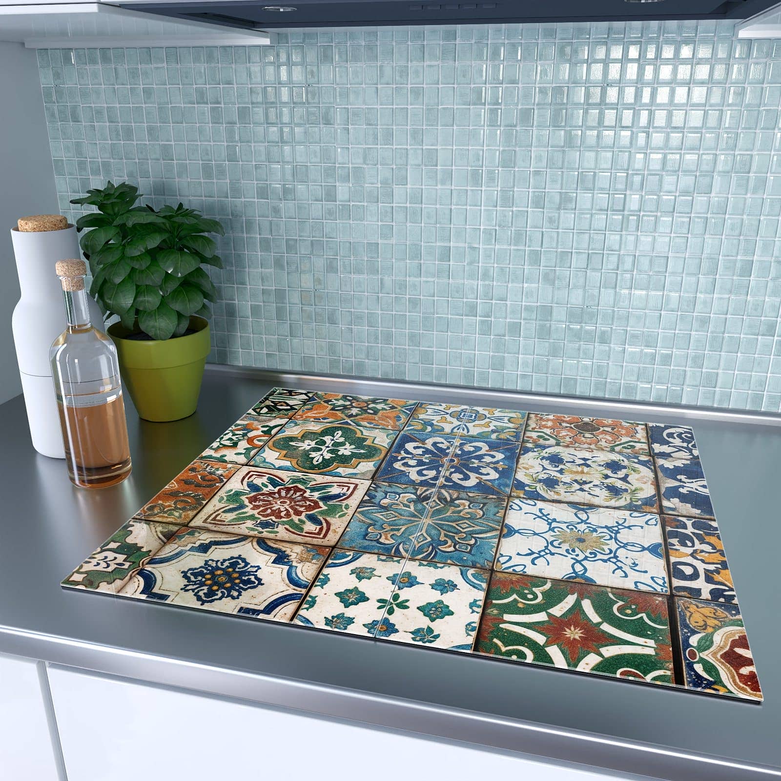 2-teilige Herdabdeckplatten mit Bunte Fliesenkacheln-Motiv auf dem Ceranfeld