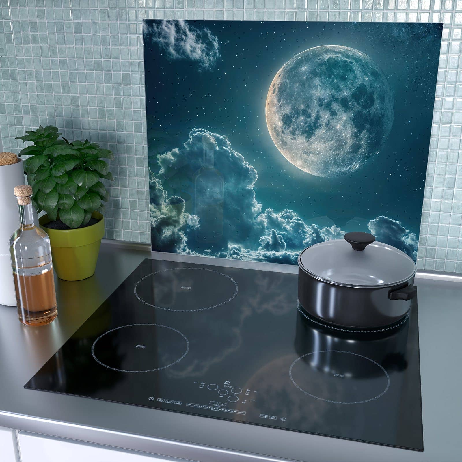 1-teilige Abdeckplatten für Ceranfeld mit Mond über Wolken-Motiv als Spritzschutz hinter dem Kochfeld
