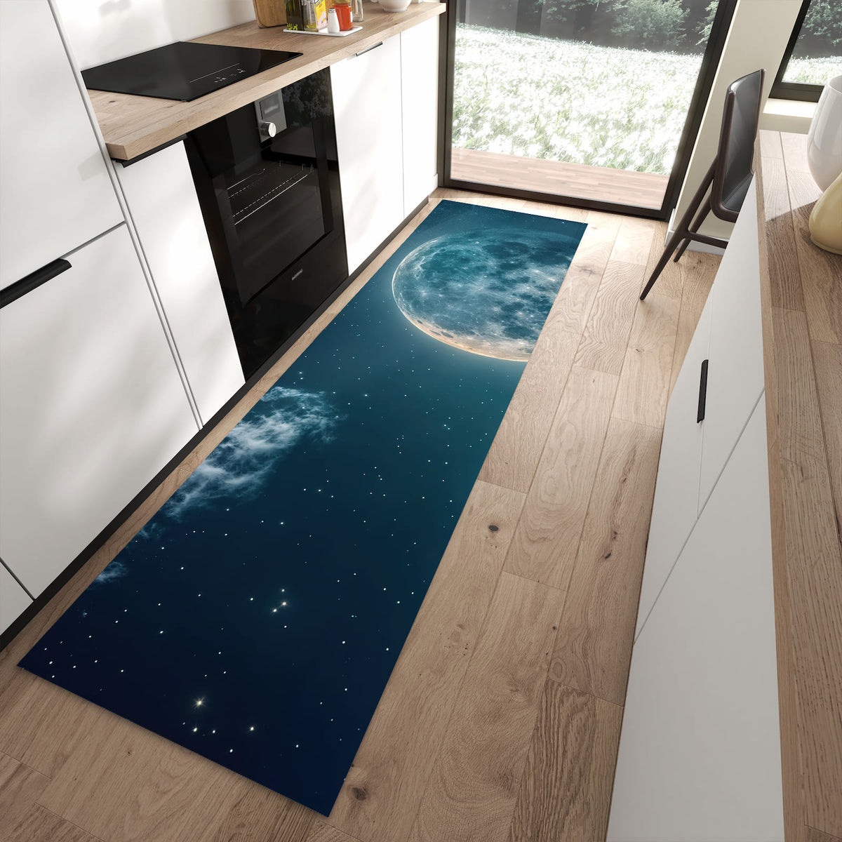 Bodenschonender Küchenteppich mit Motiv Mond über Wolken in moderner Küche