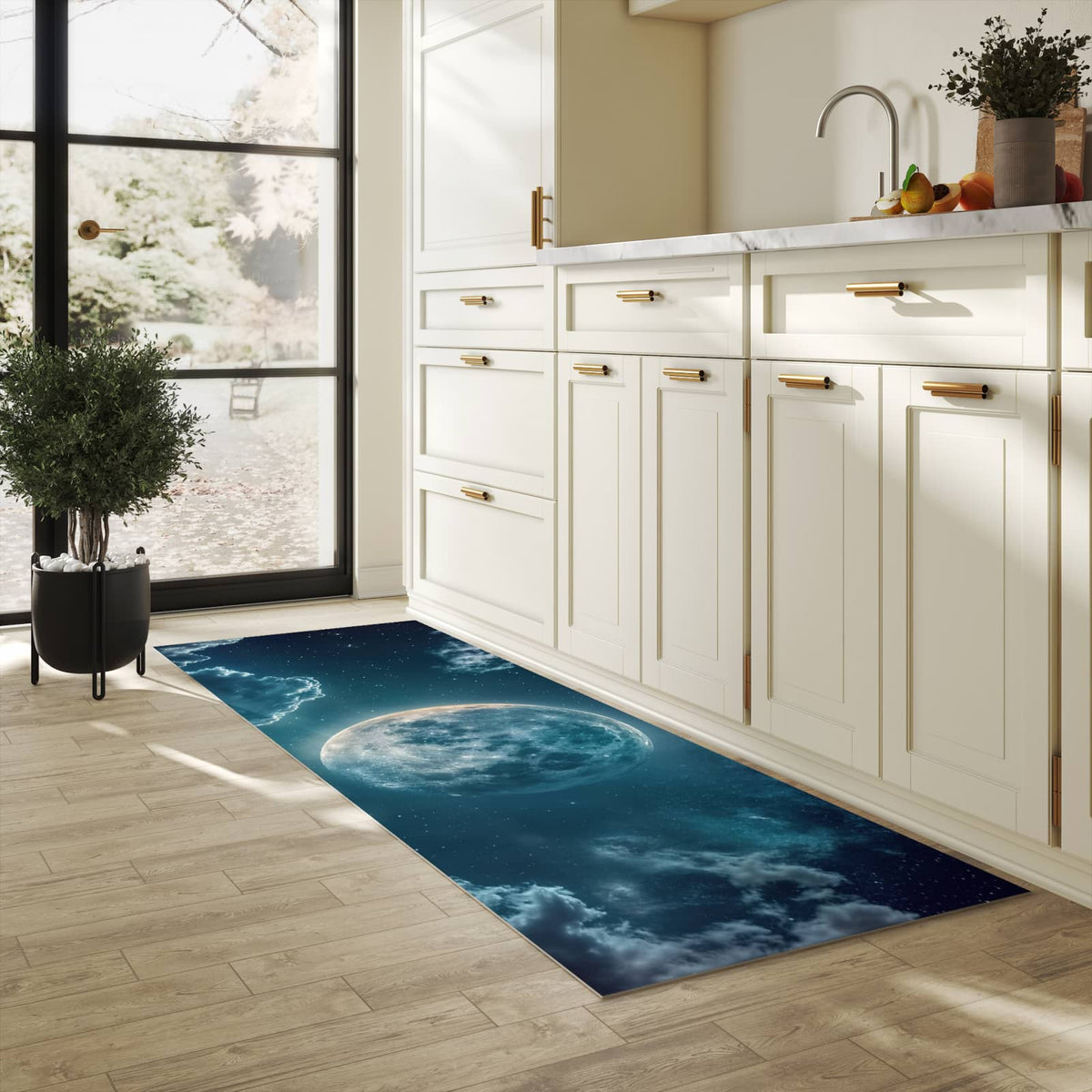 Geruchsneutraler langer Teppich mit Motiv Mond über Wolken in heller Küche