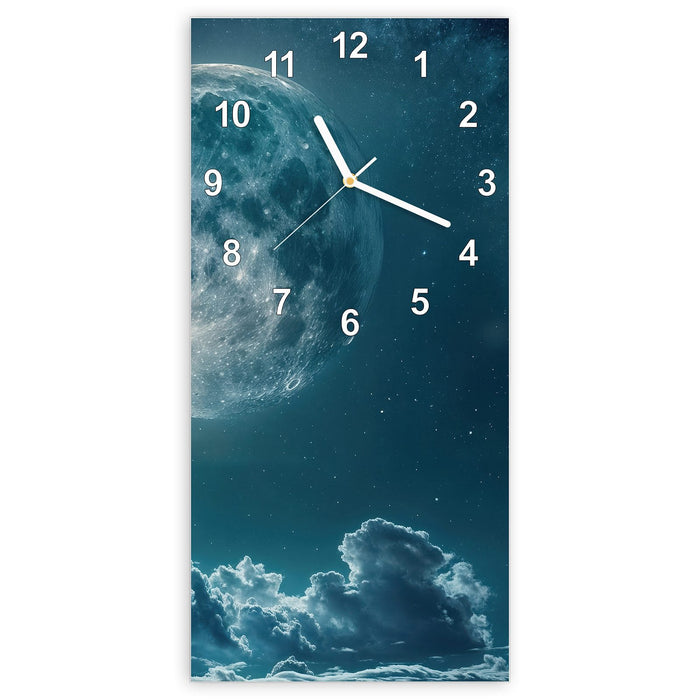 Wanduhr Mond über Wolken aus Glas – Hochformat 30 × 60 cm mit Ziffernblatt Modern