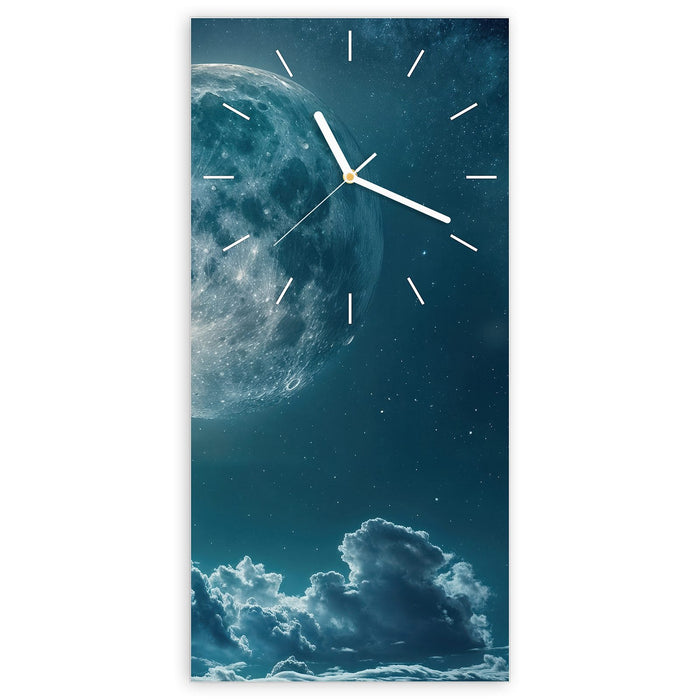 Wanduhr Mond über Wolken aus Glas – Hochformat 30 × 60 cm mit Ziffernblatt Linie