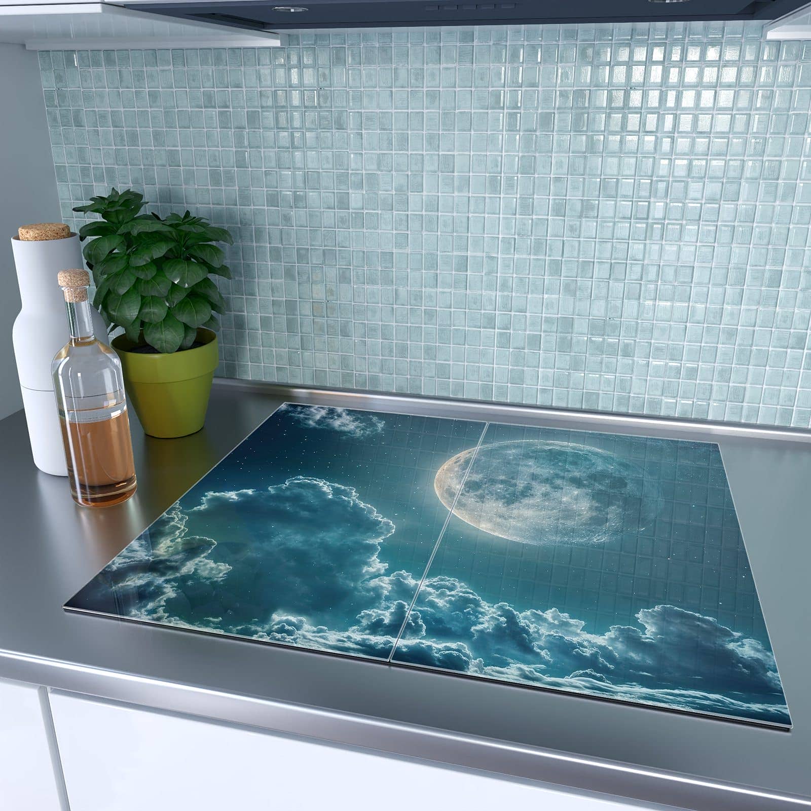 2-teilige Abdeckung für Herdplatten mit Mond über Wolken-Motiv auf dem Ceranfeld