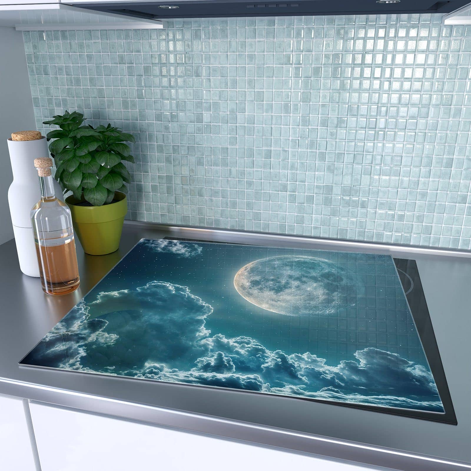 1-teilige Herdabdeckung mit Mond über Wolken-Motiv auf dem Ceranfeld