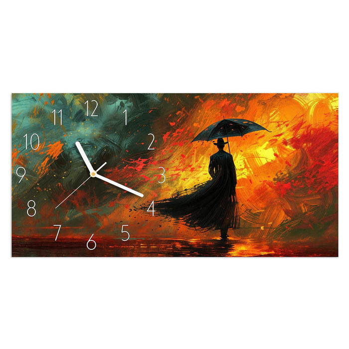 Wanduhr Mann Mit Regenschirm aus Glas – Querformat 60 × 30 cm mit Ziffernblatt Elegant