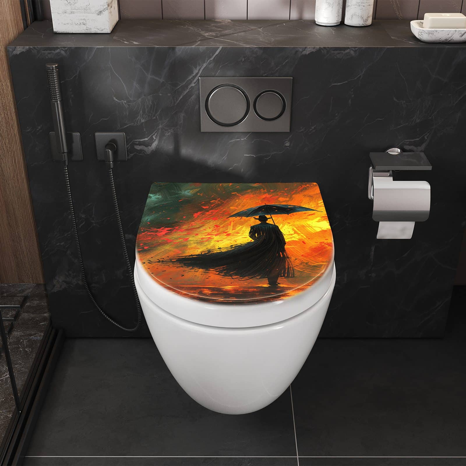 WC-Sitz mit Absenkautomatik Mann Mit Regenschirm