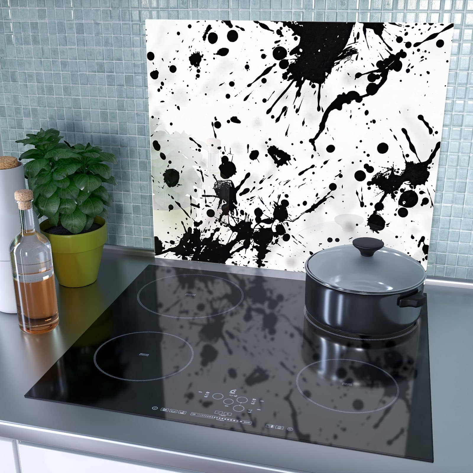 1-teilige Herdabdeckplatte mit Farbkleckse-Motiv als Spritzschutz hinter dem Kochfeld
