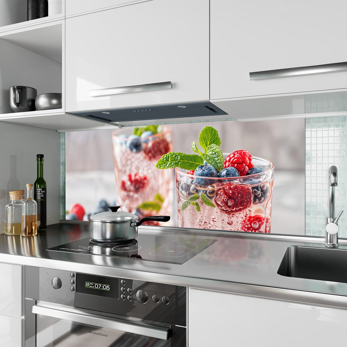 Küchenrückwand aus Glas Limonade mit Beeren im Hochformat als Spritzschutz hinter dem Kochfeld, über dem Fliesenspiegel montiert