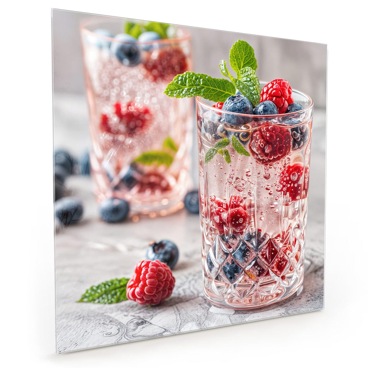 Küchenrückwand aus Glas im quadratischen Format mit Motiv Limonade mit Beeren: Zwei geschliffene Gläser mit perlender rosa Limonade, Himbeeren #grösse_40 x 40 cm #grösse_50 x 50 cm #grösse_60 x 60 cm