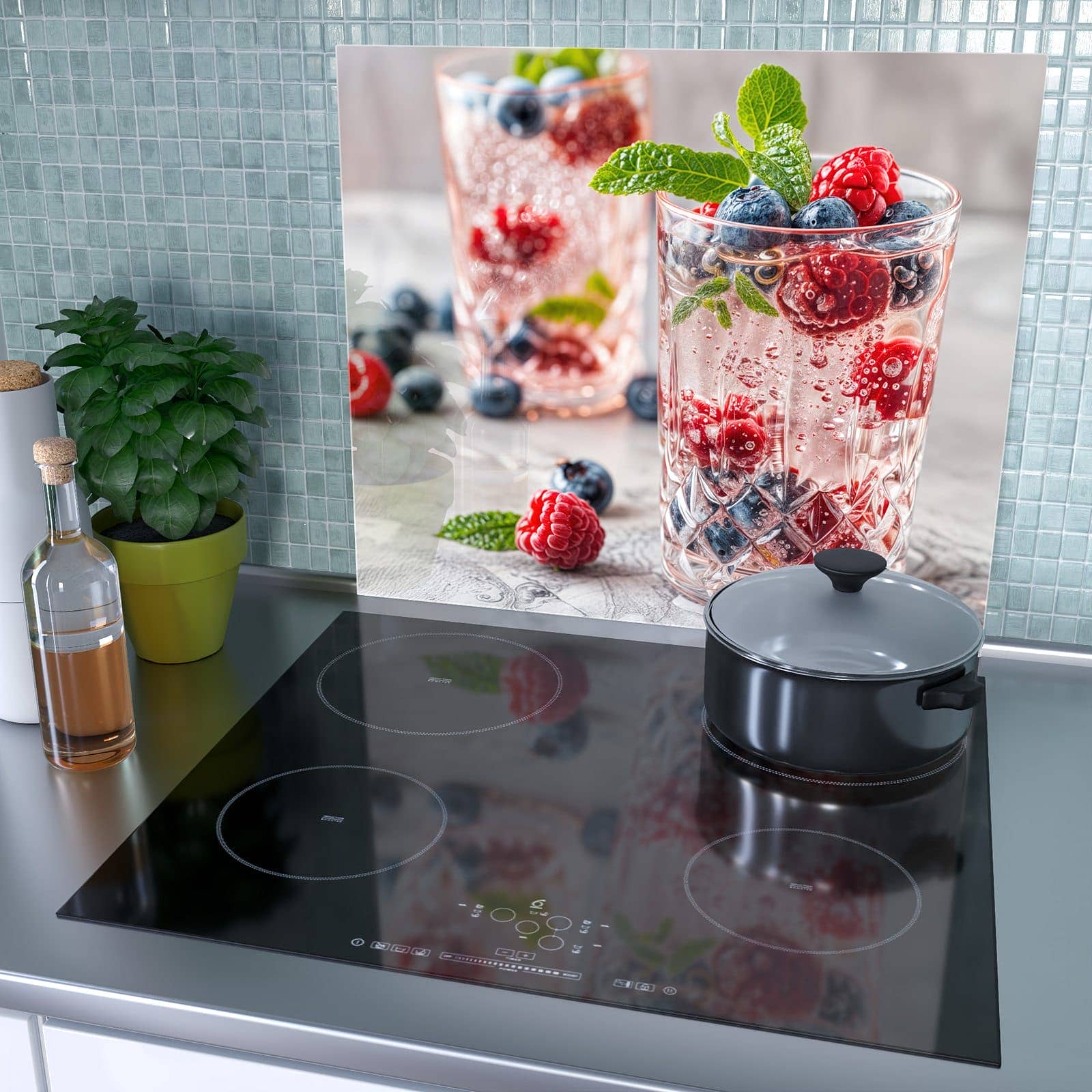 1-teilige Abdeckplatte für Ceranfeld mit Cocktail Beeren-Motiv als Spritzschutz hinter dem Kochfeld
