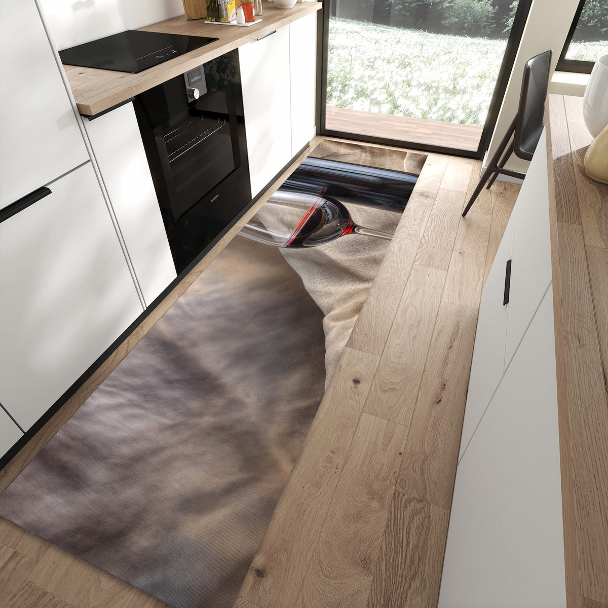 Farbbeständiger dünner Teppich mit Motiv Wein mit Glas in moderner Küche