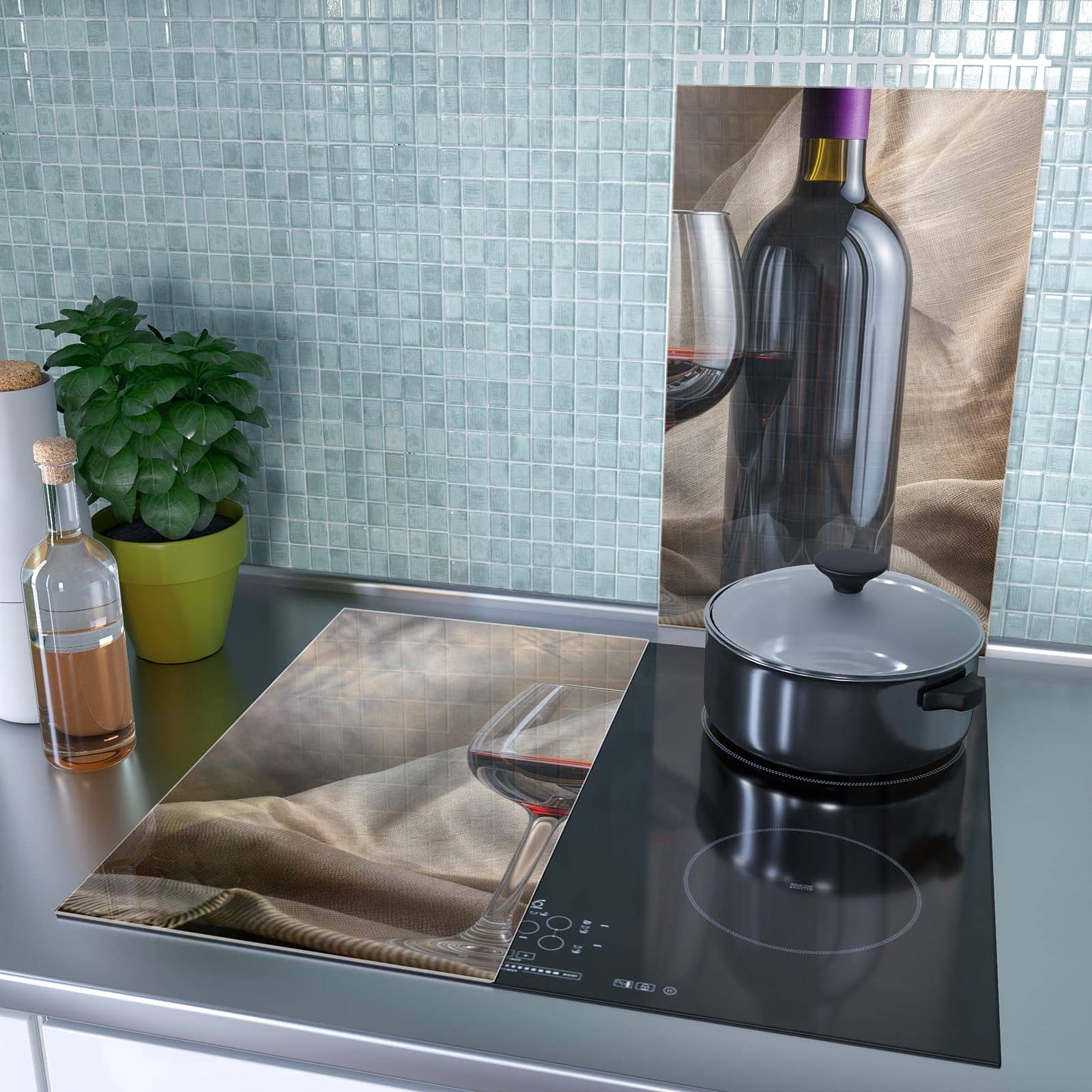 2-teilige Herd Schutzplatte mit Wein mit Glas-Motiv als Spritzschutz hinter dem Kochfeld