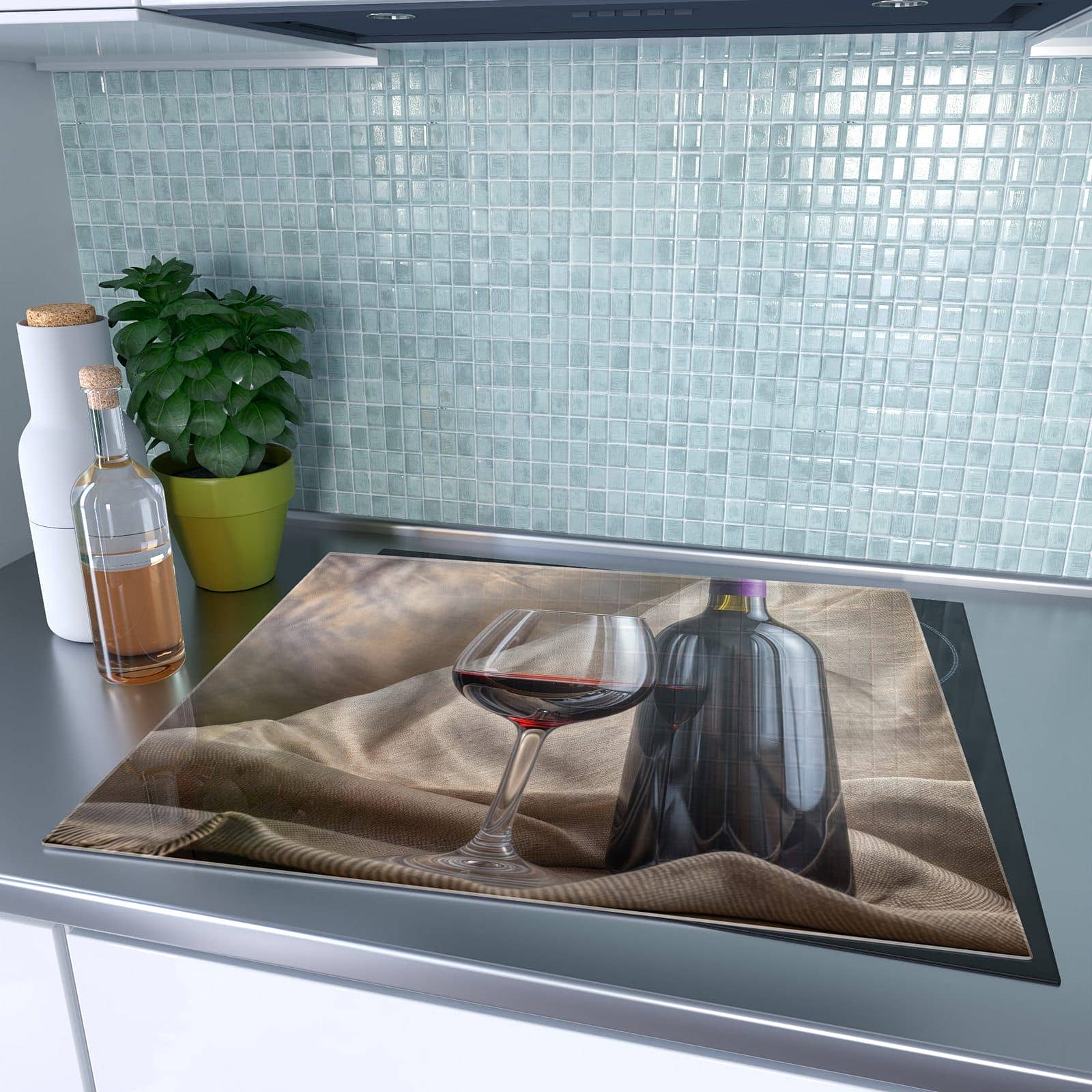 1-teilige Abdeckplatten Ceranfeld mit Wein mit Glas-Motiv auf dem Ceranfeld