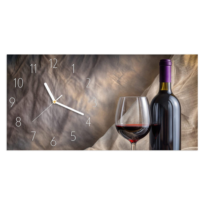 Wanduhr Wein mit Glas aus Glas – Querformat 60 × 30 cm mit Ziffernblatt Elegant