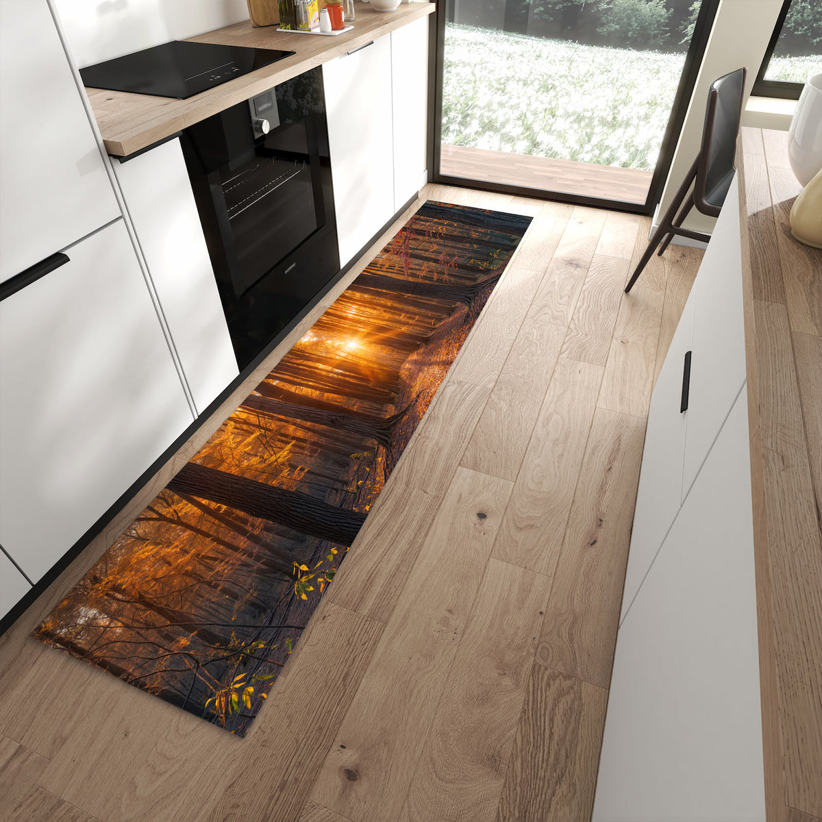Fleckenresistenter Küchenteppich mit Motiv Sonnenuntergang Wald in moderner Küche