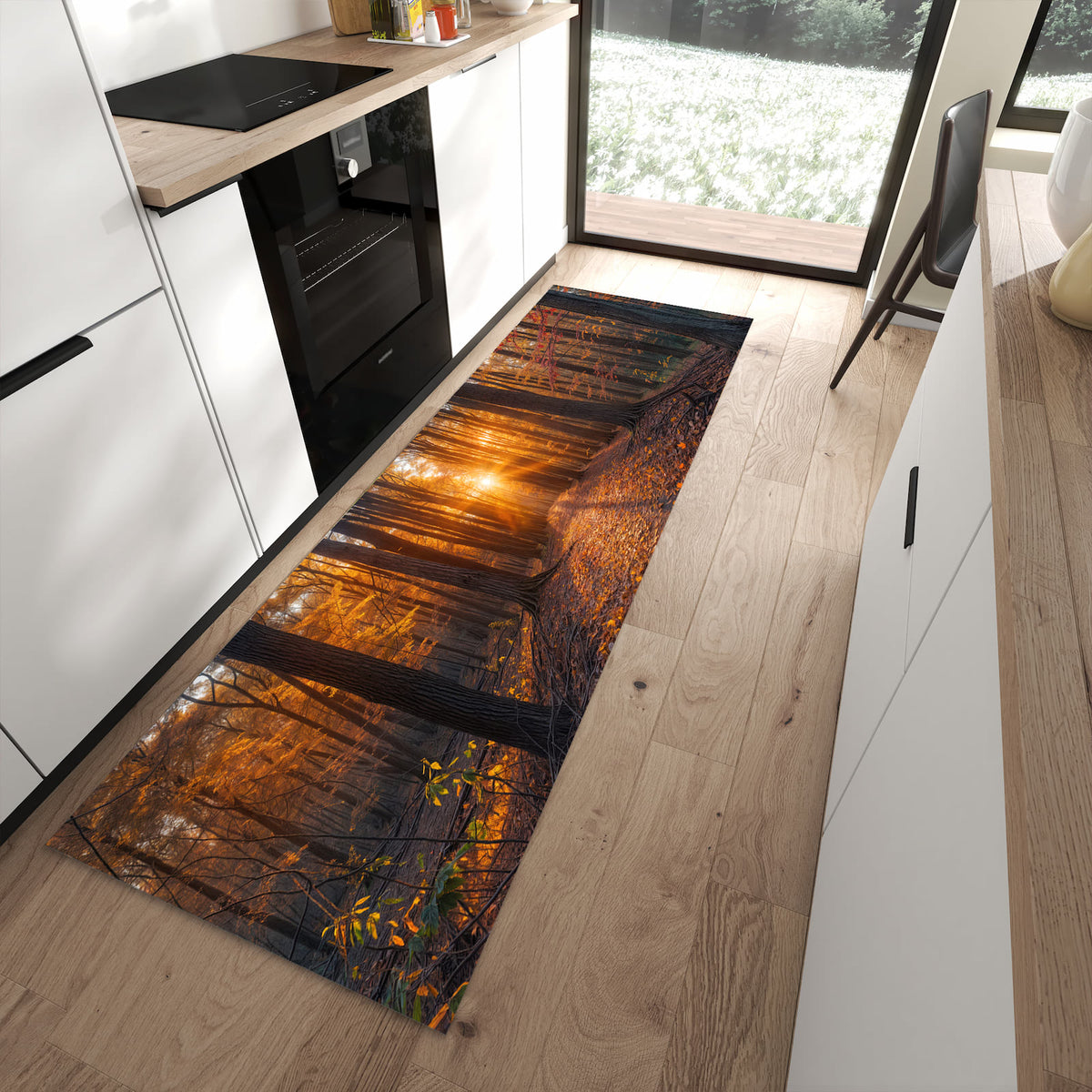 Flacher Küchenteppich mit Motiv Sonnenuntergang Wald in moderner Küche