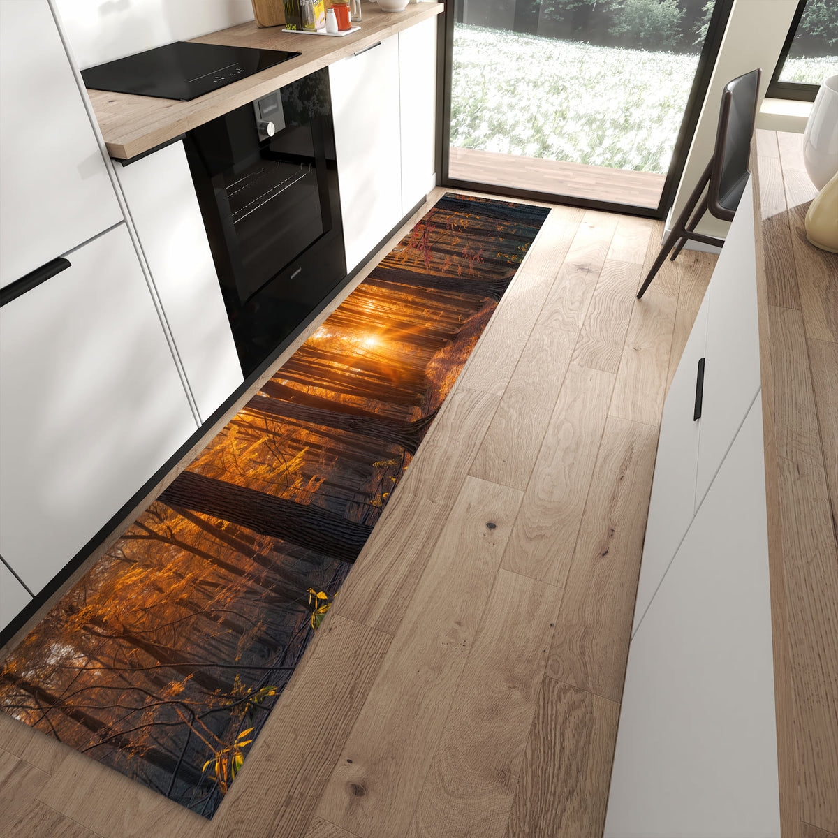 Schmutzabweisender Teppich für die Küche mit Motiv Sonnenuntergang Wald in moderner Küche