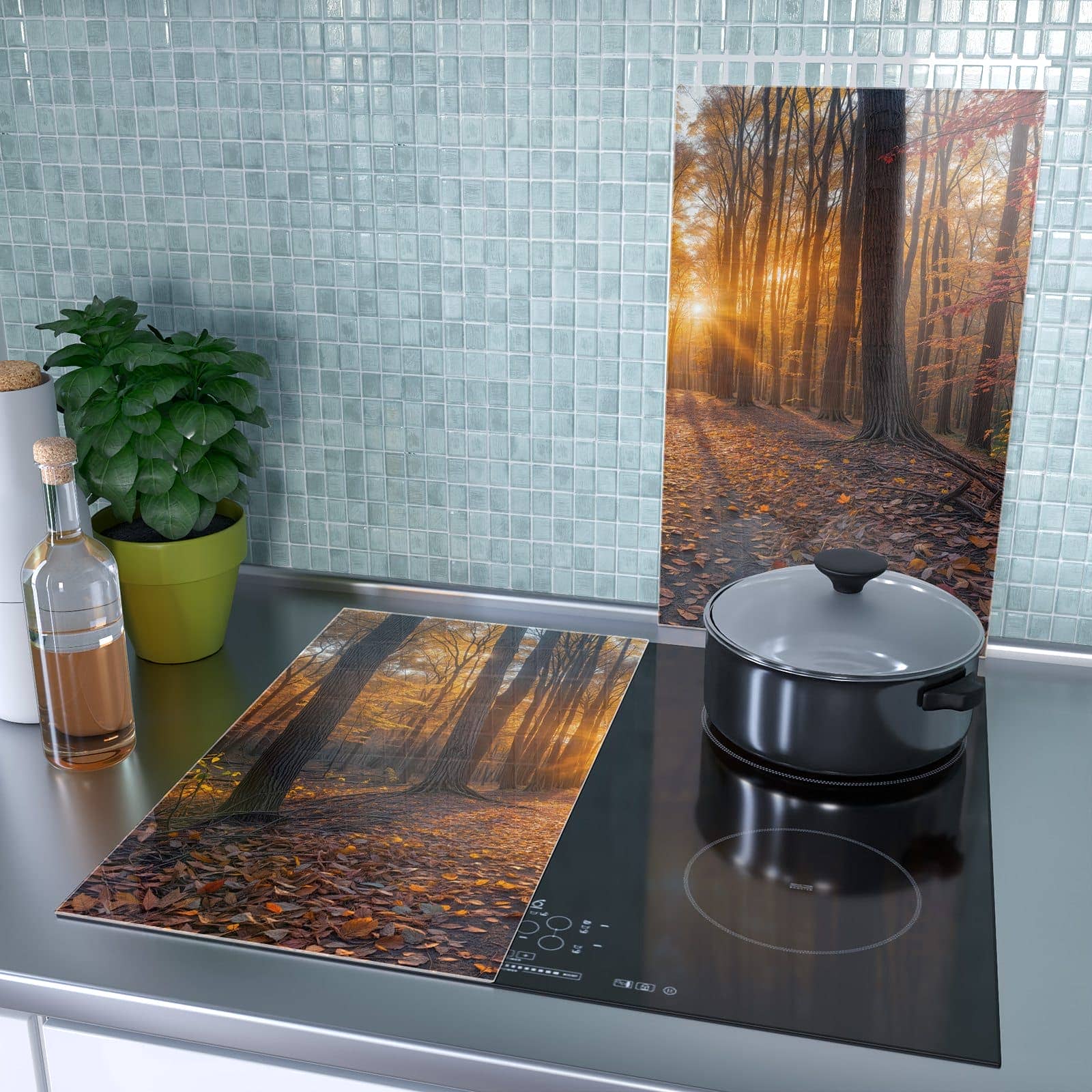2-teilige Ceranfeldabdeckungen mit Sonnenuntergang Wald-Motiv als Spritzschutz hinter dem Kochfeld